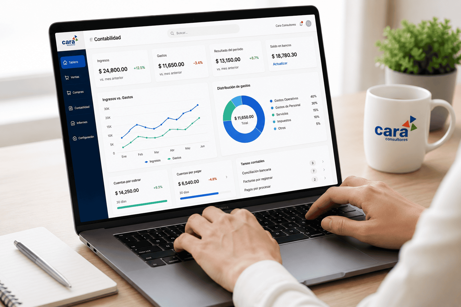 Persona trabajando en laptop con dashboard contable